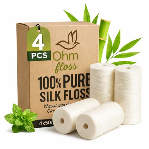 OHM Floss Natural Silk Dental Floss Refill, Plastic-Free & Non-Toxic, Naturally Waxed with Candelilla, 100% Vegan & Compostable, 218 YD/200m Eco Friendly Oral Care (Natural Mint) - 4 Pack of 54 YD 4 Pack (Refillable Floss 220yds)