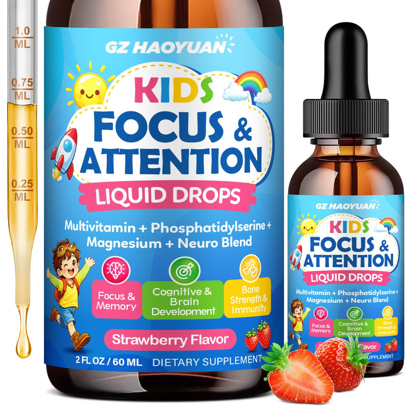 Kids Focus and Attention Supplements with Phosphatidylserine, Omega-3, Magnesium Glycinate, L-Theanine, Folate, Brain Vitamins Liquid Drops for Kids Memory, Cognitive, Sleep & Mood,Strawberry,2 Fl Oz Strawberry 2 Fl Oz (Pack of 1)