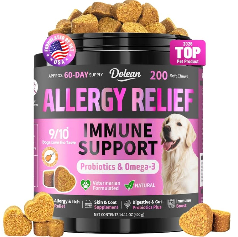Dog Allergy Chews, Dog Allergy Relief for Itching Skin, Paw Licking, Yeast Relief, Hot Spots, Itchy Ears & Seasonal Allergies, Immune Support– with Colostrum, Probiotics – Chicken Flavor (200ct)