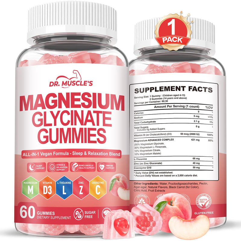 Magnesium Glycinate Gummies - Magnesium Gummies Complex for Kids & Adults | 421mg Magnesium - L-Threonate, Vitamin D3, Zinc, CoQ10, L-Theanine, Sugar-Free, Relaxation & Sleep Support, 60 Peach Gummies