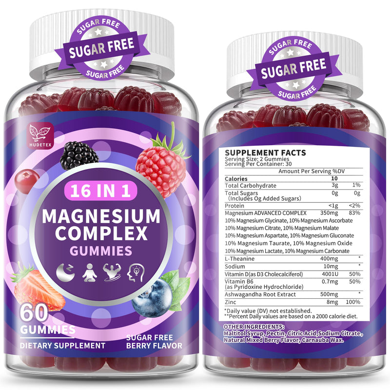 2 Packs-Magnesium Complex Gummies for Women Men，16 in 1 Magnesium supplement Gummy with Bisglycinate Citrate Malate Taurate - Ashwagandha, L-Theanine for Relaxation, Sleep, Muscle&Heart Support, Berry 60 Count (Pack of 2)