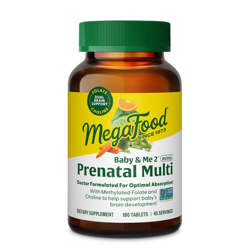 MegaFood Baby & Me 2 Prenatal Vitamins, Doctor Formulated, 180 Mini Tablets | Prenatal Vitamins for Women with Methylfolate, Choline, Iron, Iodine, Vitamin C & D3, Non-GMO, Vegetarian, 45 Servings 180 Count (Pack of 1)