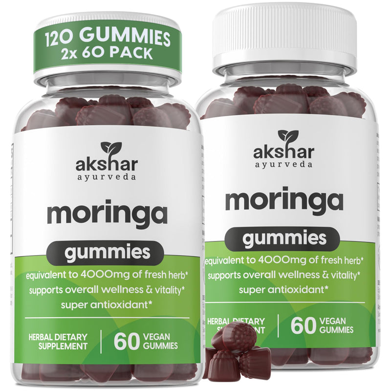 AKSHAR Ayurveda Moringa Gummies for Women & Men, 400mg Extract,120 Count | Fresh Herb, Supports Wellness & Vitality, Vegan, Super Antioxidant, Green Moringa Plant Nutrients 60 Count (Pack of 2)