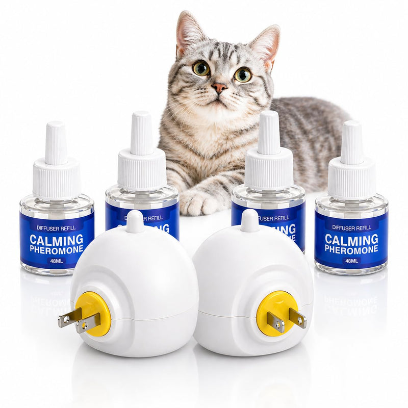 Cat Calming Pheromone Diffuser - Stops Urine Marking & Scratching, Reduce Fighting Spraying Cat Calming Diffuser, Drug-Free Formula for Anxious Cats, 2 Diffuser + 4 Refills Last 120 Days