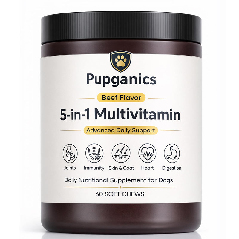 Pupganics Multivitamin Daily Soft Chews for Dogs, Pupganics 5 in 1 Multivitamin, Vitamin & Probiotics for Skin & Hair, Heart Health, Immune Support, Beef Flavor, 60 Soft Chews (1 PCS) 1 PCS