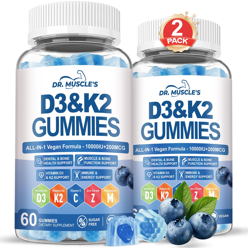 2-Pack Vitamin D3 K2 Gummies, D3 K2 Vitamin 10,000 IU & 200 MCG Supplement | Complex Calcium Citrate Zinc Vitamin C B6, Sugar-Free Vitamin D Supplement for Bones & Immune Support, 60 Blueberry Gummies 60 Count (Pack of 2)