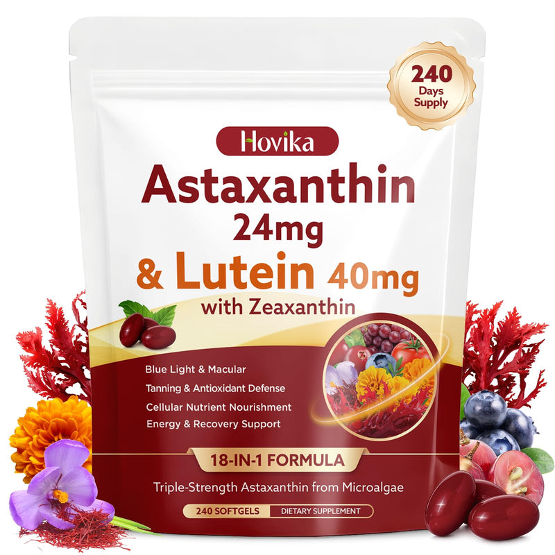 18-in-1 Astaxanthin 24mg & Lutein 40mg with Zeaxanthin Supplements, Fresh Microalgae Source with Lycopene, Grape Seed, Vitamin E, & More Supports Eye, Skin, Antioxidant, 8 Month Supply, 240 Softgels
