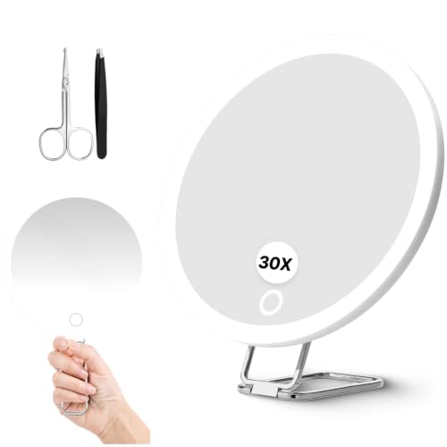 30X Magnifying Mirror with LED Light, Tweezers & Scissors White