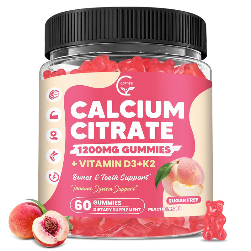 Calcium Citrate Gummies 1200 mg with Vitamin D3, K2, Vegan, 60 Chews | for Bone, Muscle & Immune Support, High Absorption Chewable Calcium Supplements for Women & Men, Sugar Free, Peach Flavor