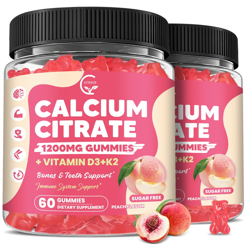 Calcium Citrate Gummies 1200 mg with Vitamin D3, K2 for Women & Men | High Absorption Calcium Supplements or Bone, Muscle & Immune Support, Sugar Free, Vegan, Peach Flavor, 60 Chews, 2 Pack