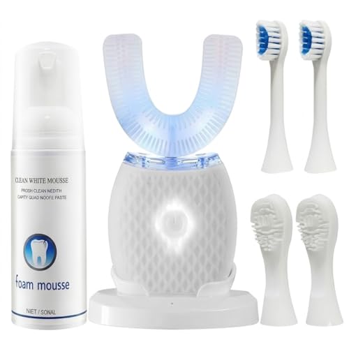 U-Shaped Electric Toothbrush for Adults, 360° Hands-Free Sonic Teeth Cleaner Kit with 4 Brush Heads, 60ml Foam Mousse, LED Light & Wireless Charging Base, Automatic Ultrasonic Toothbrush, White