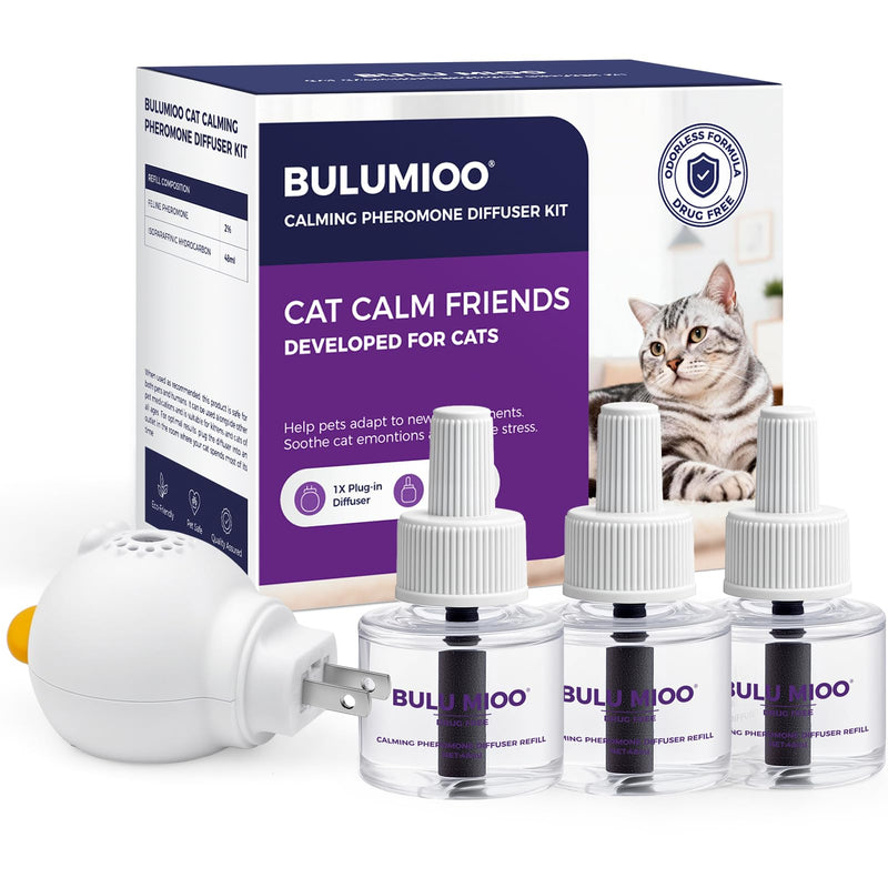 Cat Calming Pheromone Diffuser Kit (90-Day Supply) – 1 Diffuser + 3 x 48ml Refills – Helps Reduce Urine Spraying, Scratching & Fighting – Unscented Stress Relief for Single Room