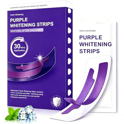 Purple Teeth Whitening Strips for Teeth Whitening, (21 Treatments) Enamel Safe Whitening Strips for Sensitive Teeth, Instant Enzyme Stain Removing Teeth Whitening Kit, Non-Slip Whitening Strips