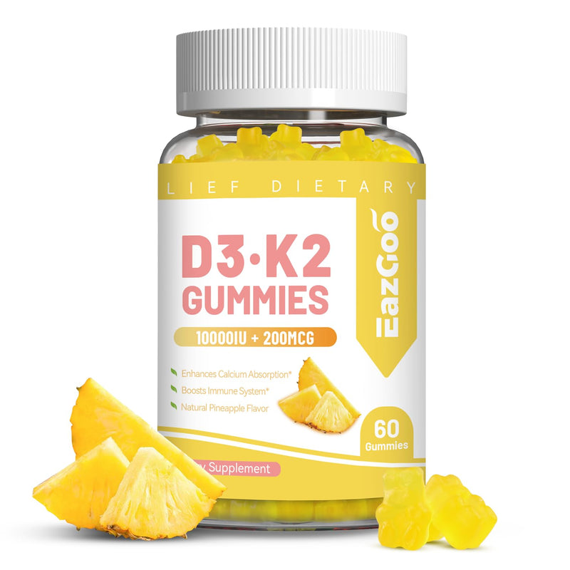 Vitamin D3 K2 Gummies - 10000IU D3 + 200mcg K2 (MK-7) - 60 Count | Sugar Free, with Calcium Citrate & Vitamin B12, Vegan, Non-GMO, Gluten Free