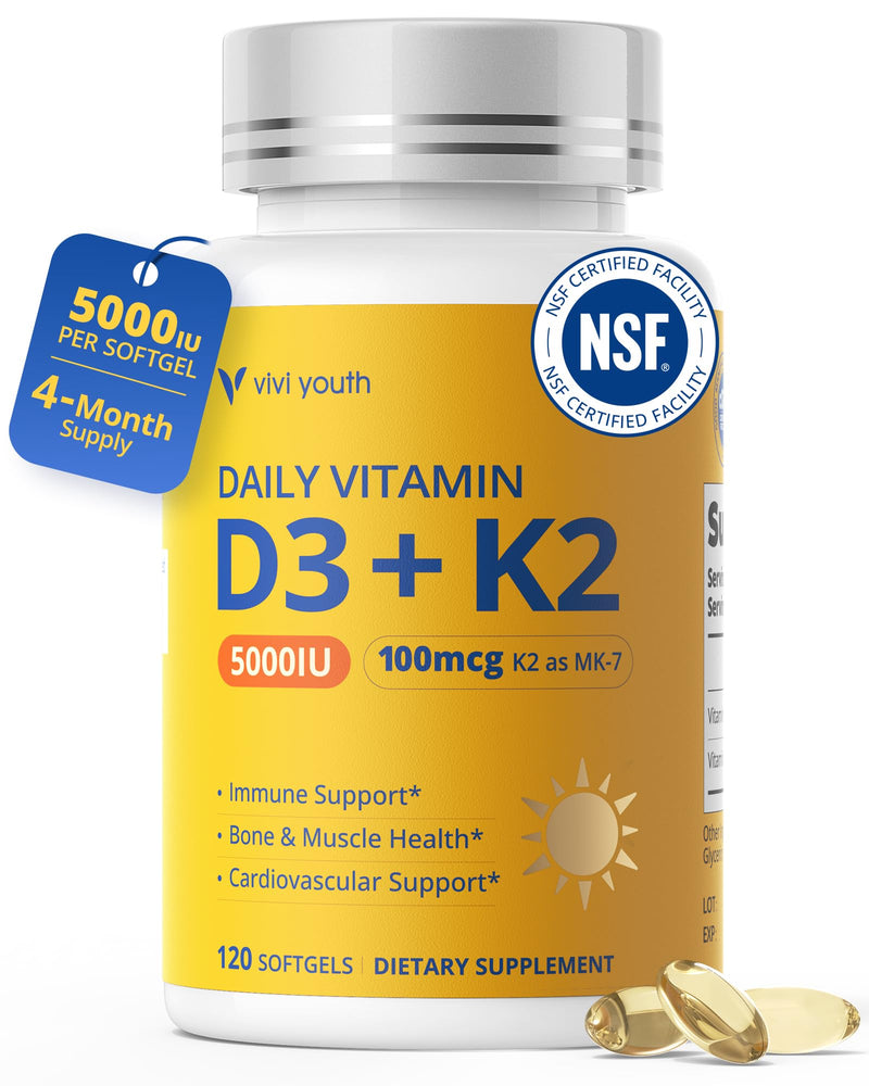 Vitamin D3 K2 5000 IU with MK-7, 3rd Party Tested, 120 Servings | with MK-7 100 mcg Softgels, Sunflower Seed Oil D3 K2 Vitamin for Better Calcium Absorption, Soy-Free, Non-GMO for Women & Men