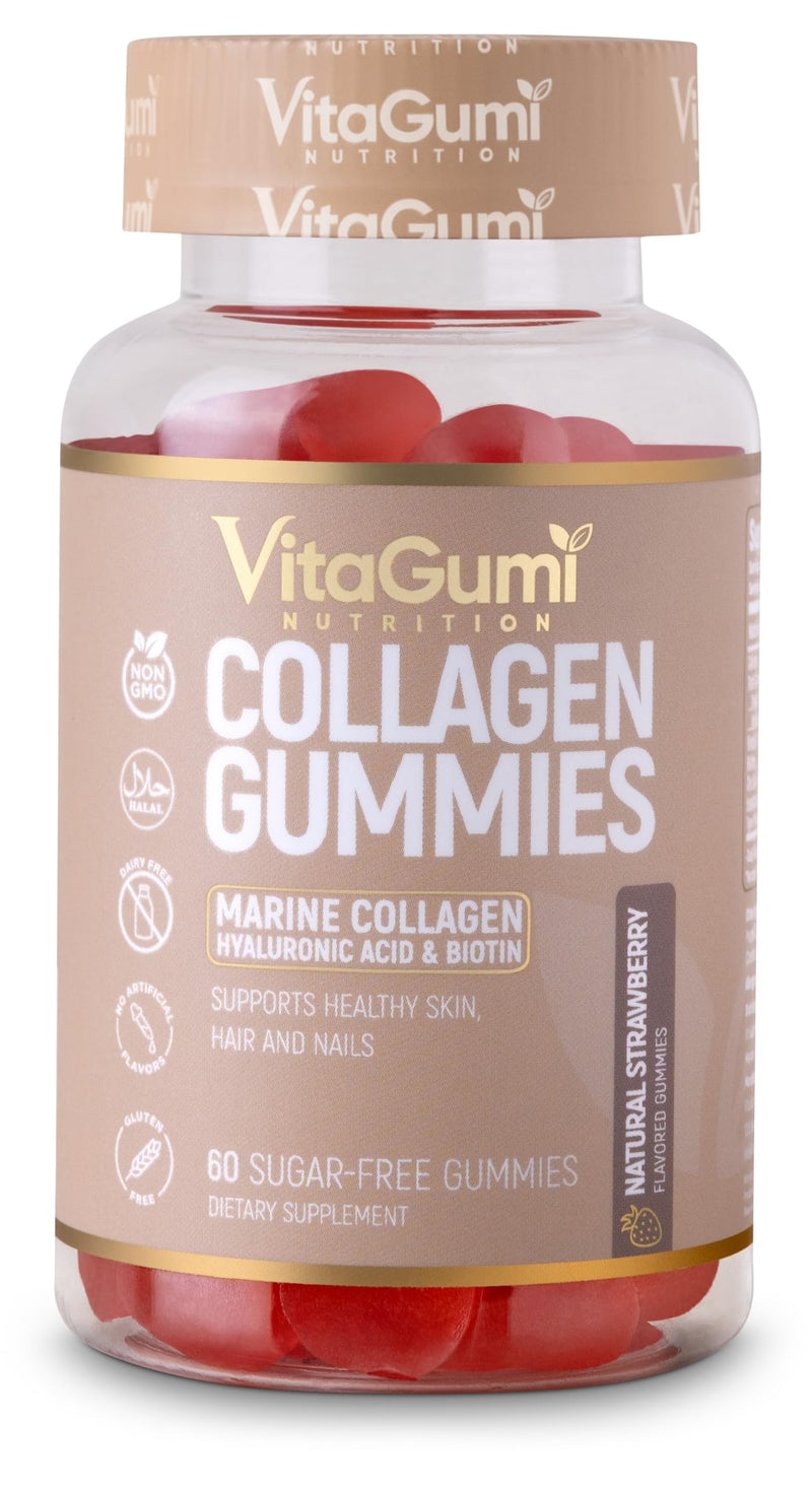 Collagen Gummies | 500mg Type I Marine Collagen, Hyaluronic Acid, Biotin, Vitamin C & Zinc | Supports Healthy Skin, Hair & Nails | 60 Sugar-Free Vegan Gummies | Strawberry Flavour
