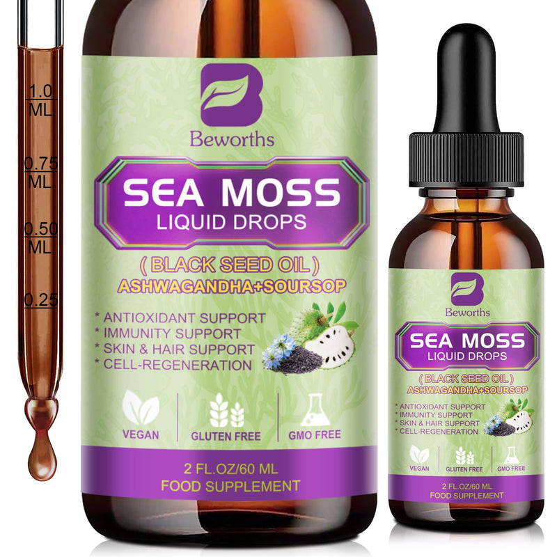 B BEWORTHS Sea Moss Liquid Drops with Black Seed Oil, Ashwagandha, Soursop | Multimineral irish Seamoss Supplement with Bladderwrack, Burdock Root for Immune, Energy, Hair & Digestion Wellness - Vegan Soursop bitters 2 Fl Oz (Pack of 1)