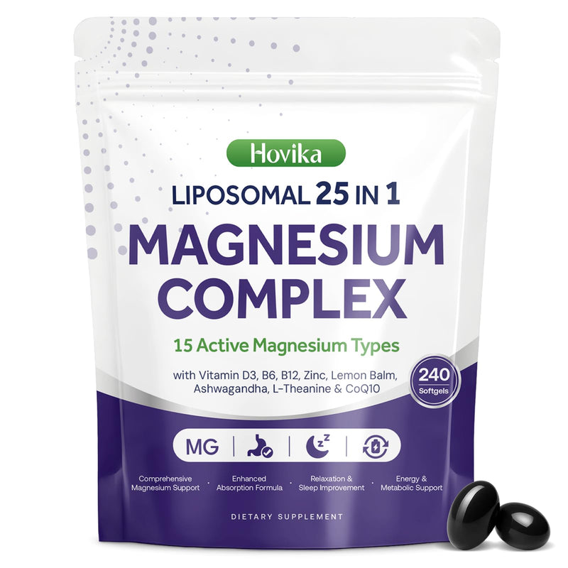 25 in 1 Liposomal Magnesium Complex Contains Magnesium Glycinate, Citrate, Malate & More with D3, B6, Zinc, L-Theanine, Ashwagandha & CoQ10 Supports Muscle, Sleep, Nerves & Stress Relief, 240 Softgels 240 Count (Pack of 1)