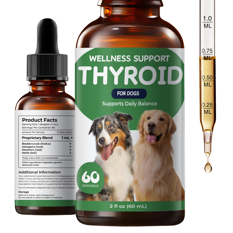 Thyroid Support for Dogs, Herbal Appetite Stimulant & Metabolism Support Drops with Bladderwrack, Astragalus & Nettle Leaf, Helps Maintain Healthy Weight, Energy & Daily Vitality, 2 fl oz