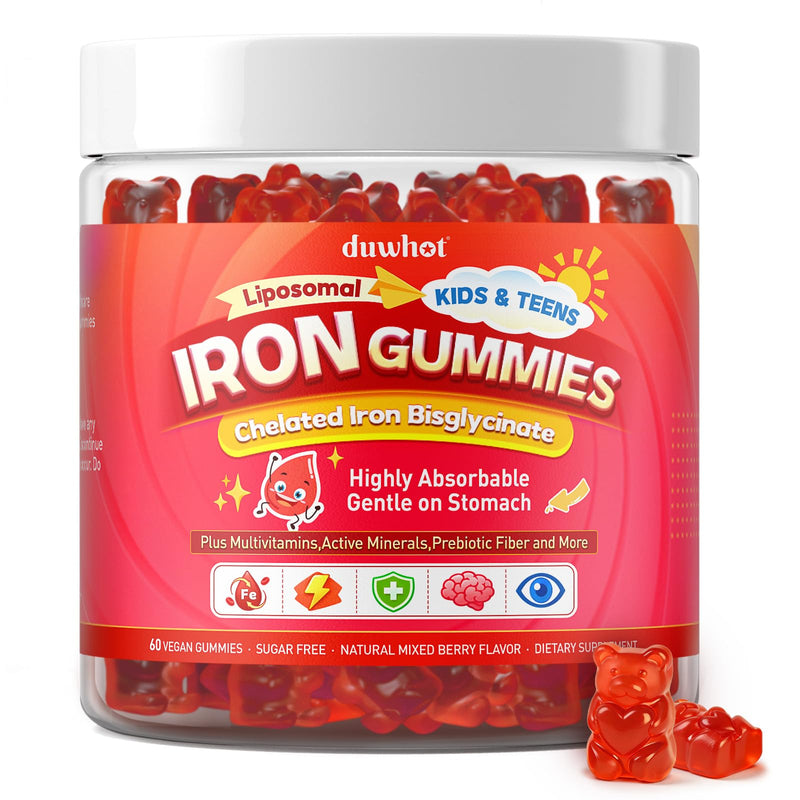 duwhot Iron Gummies for Kids Teens, Gentle Iron Bisglycinate with Vitamin C | Chewable Iron Supplement plus Multivitamins, Minerals & More, Energy, Immunity & Blood Support, Sugar Free, Vegan, 60 Chews