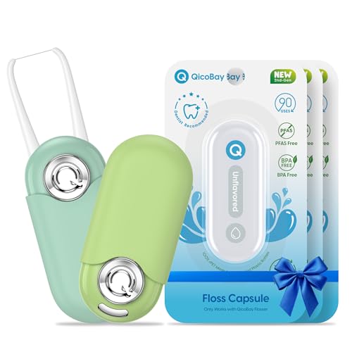 UpFlosser C1S Value Color Duo Bundle, 2 UpFlosser C1S + 3 Extra Unflavored Floss Capsules, Reusable Auto-Restringing Flosser for Quick & Deep Clean (Reef Green + Tide Cyan)