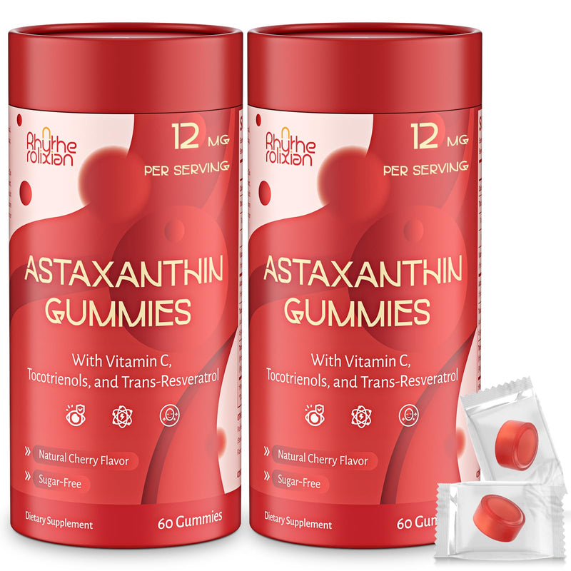 Astaxanthin Gummies – Astaxanthin Supplements with 12mg Per Gummy 24mg Max, Sugar Free Vegan Antioxidant with Vitamin C, Resveratrol & Tocotrienols – Supports Skin, Eye & Immune Health – 120 Count Pack of 2(120 Count)