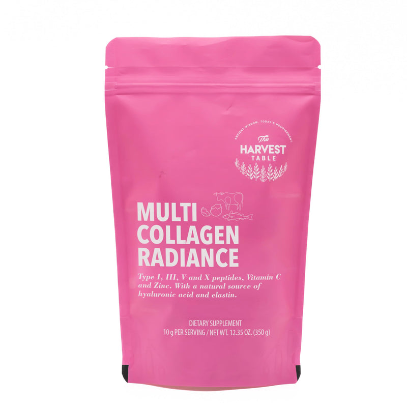 The Harvest Table Multi Collagen Radiance for Women — 29 Servings, Types I III V X, Vitamin C, Zinc & Cranberry, Grass Fed Bovine Marine & Eggshell, Halal Certified, Skin Hair Nails — 12.35 oz (350g)