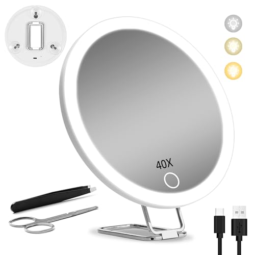 40X Magnifying Mirror with Lights, 6inch Makeup Mirror, Compact Travel Size White-40x 6"L x 6"W