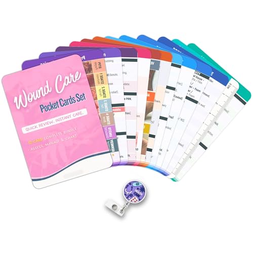 Wound Care Nurse Essentials Badge Cards with Reel, 12 PVC Pocket Guide & Measurement Tools, Pressure Ulcer Staging, Dressing Selection & Charting Reference for Home Health & Hospice Nurse