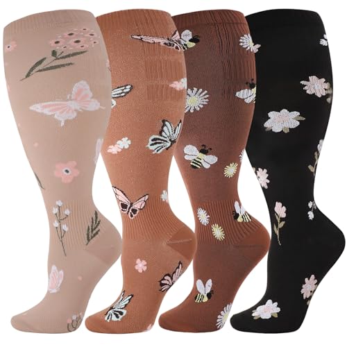 4 Pairs Wide Compression Socks for Women Plus Size Knee High Sock