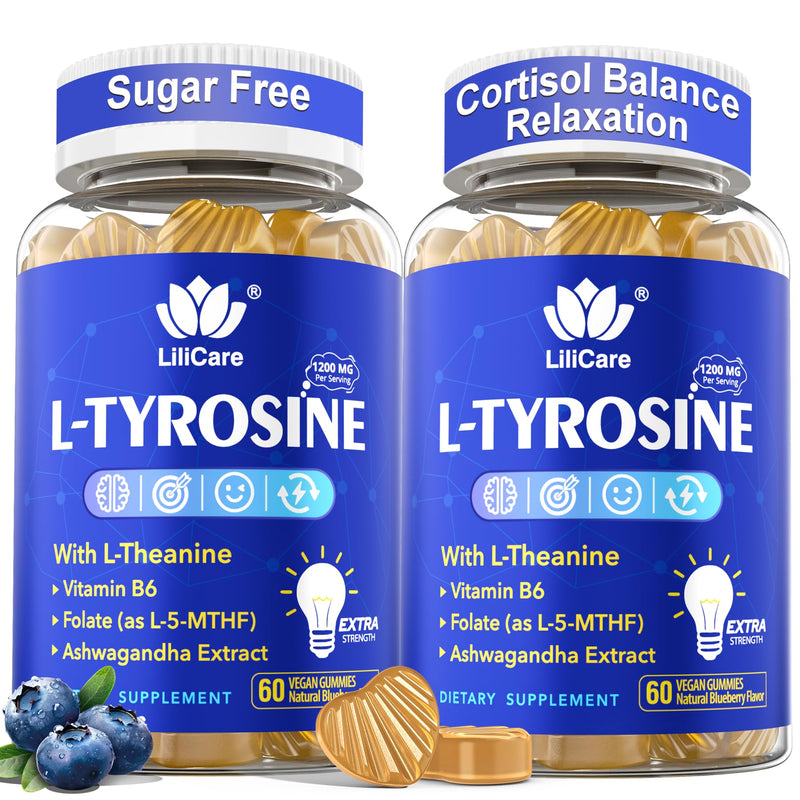 L Tyrosine Gummies 1200MG, Cortisol Reducer Supplements for Women Men 120Ct | L-Tyrosine Calm & Focus Gummies w/ L-Theanine, Ashwagandha, Vitamin B6 & B9 for Relaxation, Mood, Memory, Energy - Vegan