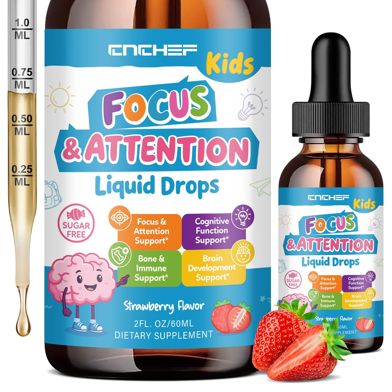 Kids Focus and Attention Supplements with Phosphatidylserine, L-Theanine, Omega-3, Ginkgo Biloba, Kids Multivitamin Liquid Drops, Supports Cognitive, Memory, Calm & Mood, Strawberry, 2 Fl Oz 2 Fl Oz (Pack of 1)