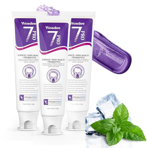 7-Pro Whitening Toothpaste with 7 Probiotics, Advanced Stain Removal Formula for Gum Health, Purple Burst Beads for Fresh Breath, Fluoride-Free & Enamel Safe (3 PCS)