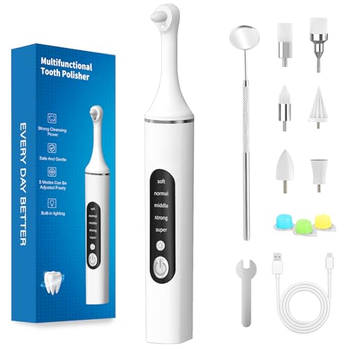 Tooth Polisher, Rechargeable Teeth Cleaning Tools for Tooth Polish and Whitening, Electric Teeth Cleaner with 3 Pastes, 5 Speeds, 6 Heads & LED Light, Waterproof Personal Dental Care Kit for Home Use White