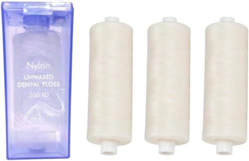 Unwaxed Dental Floss, 200 Yards with Dispenser, Unflavored, Durable Nylon, Plaque Removal, 3-Pack