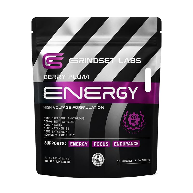 Caffeine Energy Gummies – 90mg Caffeine for Focus & Endurance | Berry Plum, 30 Count, 90mg Caffeine, L-Theanine, Beta-Alanine, Vitamins B6 & B12, Vegan, Non-GMO