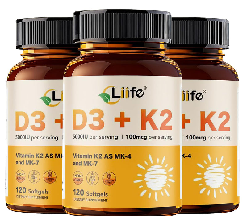 LIIFE Vitamin D3 + K2 5000 IU (MK7 & MK4), 360 Softgels | D3 & K2 complex with MK7 & MK4. Supports bone, heart and immune wellness. Non-GMO & Gluten-Free formula 360 Count (Pack of 1)