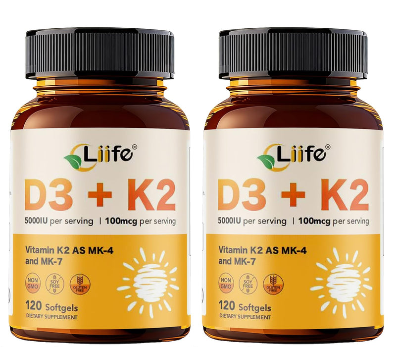 LIIFE Vitamin D3 + K2 (MK7 & MK4) 5000 IU,240 Softgels | Features 5000 IU D3 with MK7 & MK4, supports immune, bone and heart health. Non-GMO & Gluten-Free formula 240 Count (Pack of 1)