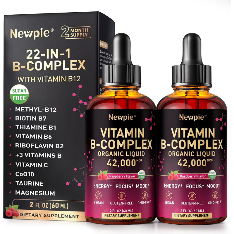 Vitamin B Complex Liquid Drops - B12 Methylcobalamin, B6, B1, Niacin & Folate, Biotin, Vitamin C, Choline, Inositol, CoQ10 & Taurine - Methylated Sublingual for Energy & Focus - Vegan, Organic 60 Fl Oz (Pack of 2)