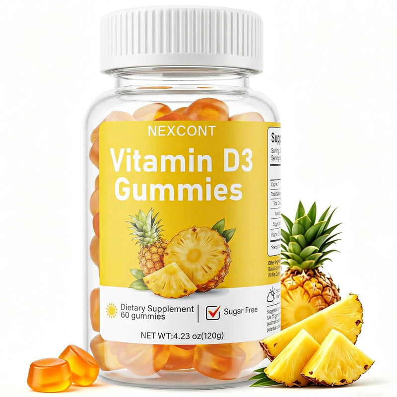 Vitamin D3 Gummies, Bone & Immune Support Daily Supplement, 400IU Gentle Formula for Men & Women, Sugar Free Non-GMO Gluten Free Vegan Pineapple Flavor, 60 Count (30 Day Supply)