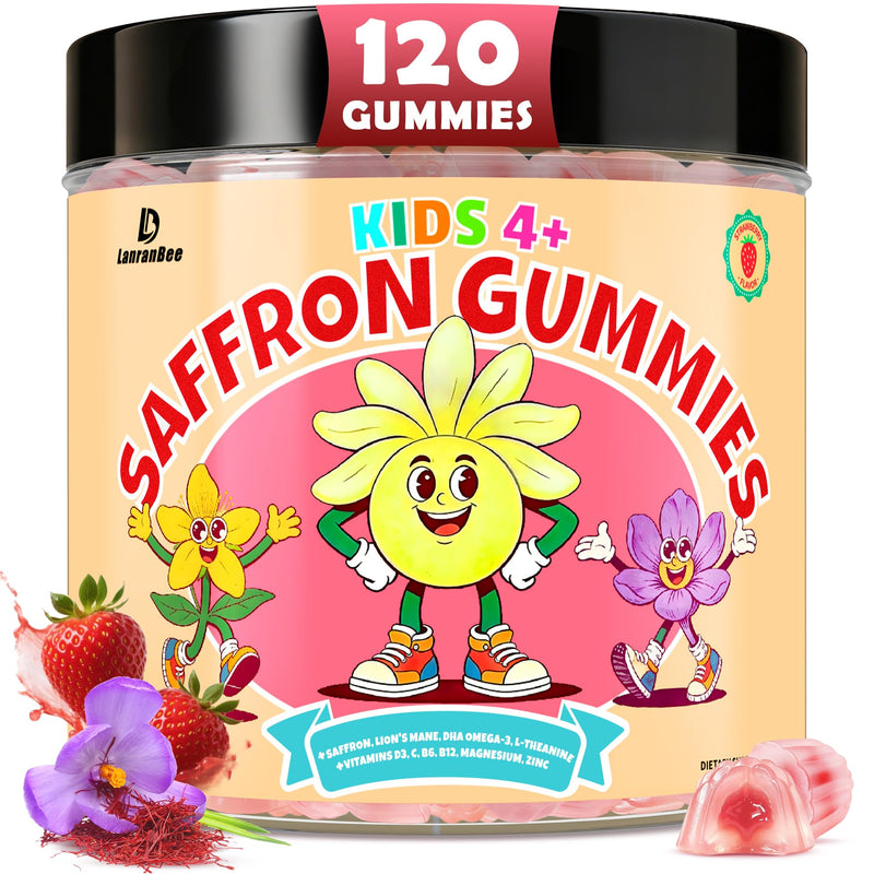 Saffron Gummies for Kids, Magnesium for Sleep Gummies, Calm Mood Gummies | with 100mg Saffron Extract, Magnesium Glycinate, Vitamin D, Omega-3, GABA, Ashwagandha, Sugar Free Vegan Chewable, 120 CT