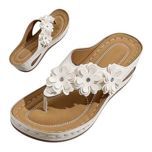 RiceelSor Orthopedic Sandals with Arch Support Flip Flops for Women Comfortable Flower Platform Wedge Sandals Dressy Slip on Thong Slippers for Summer Beach Walking 10 White