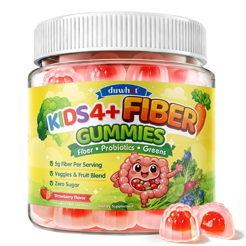 duwhot Kids Fiber Gummies 5g with Probiotics, 60 Chews | Prebiotic Fiber Supplement with Vitamin C D3 B6 & Veggies, Gentle Digestive & Regularity Support, Sugar Free