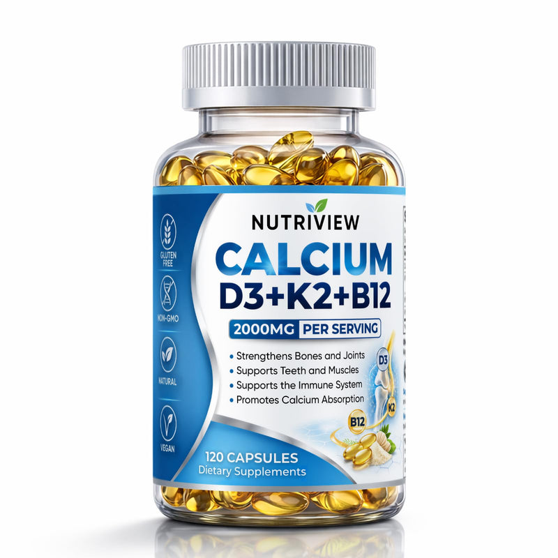 Nutriview Calcium D3 + K2 + B12 Softgels, 2000mg Suplemento De Calcio, Glucosamina + Condroitin Added, Strengthen Bones and Teeth, Boost Energy, Vegen, Non-GMO, 120 Capsules (1) 1