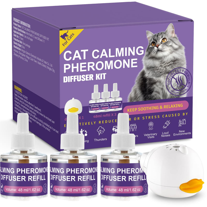 Cat Calming Pheromone Diffuser Kit, 1 Diffuser + 3 Refills (48ml Each), Natural Ingredients, Stress & Anxiety Relief for Cats & Kittens