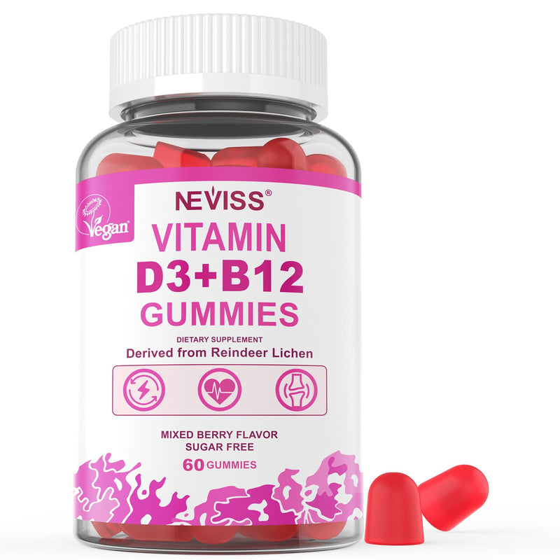 NEVISS Vegan Vitamin D3 5000IU + Vitamin B12 Gummies for Women Men, 60Ct | High Potency D3 5000IU & 1000 mcg Methylated B12, Vitamin D3 and B12 Supplement for Adults, Bone, Immune & Energy, Sugar Free 60 Count (Pack of 1)