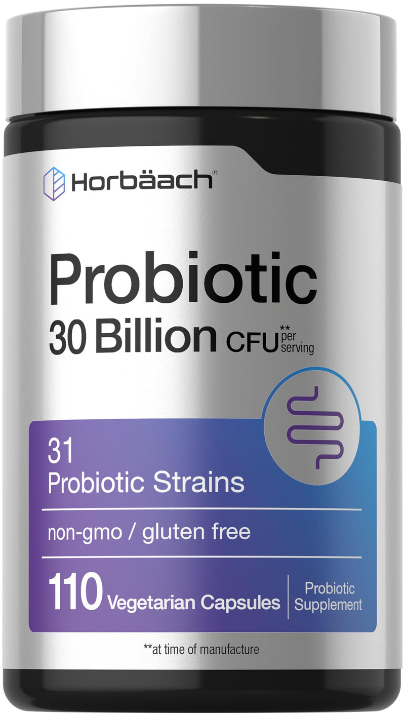 Horbäach Probiotic 30 Billion CFU | 31 Probiotic Strains | 110 Vegetarian Capsules | Supported by Organic Prebiotic Fiber | Non GMO, Gluten Free