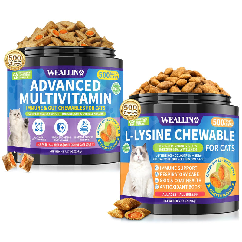 WEALLIN Cat Wellness Bundle, Taurine Multivitamin Treats + L-Lysine Chews for Cats, 2 x 500 Crunchy Krill-Core Chews for Heart, Vision, Immune, Digestive & Respiratory Support