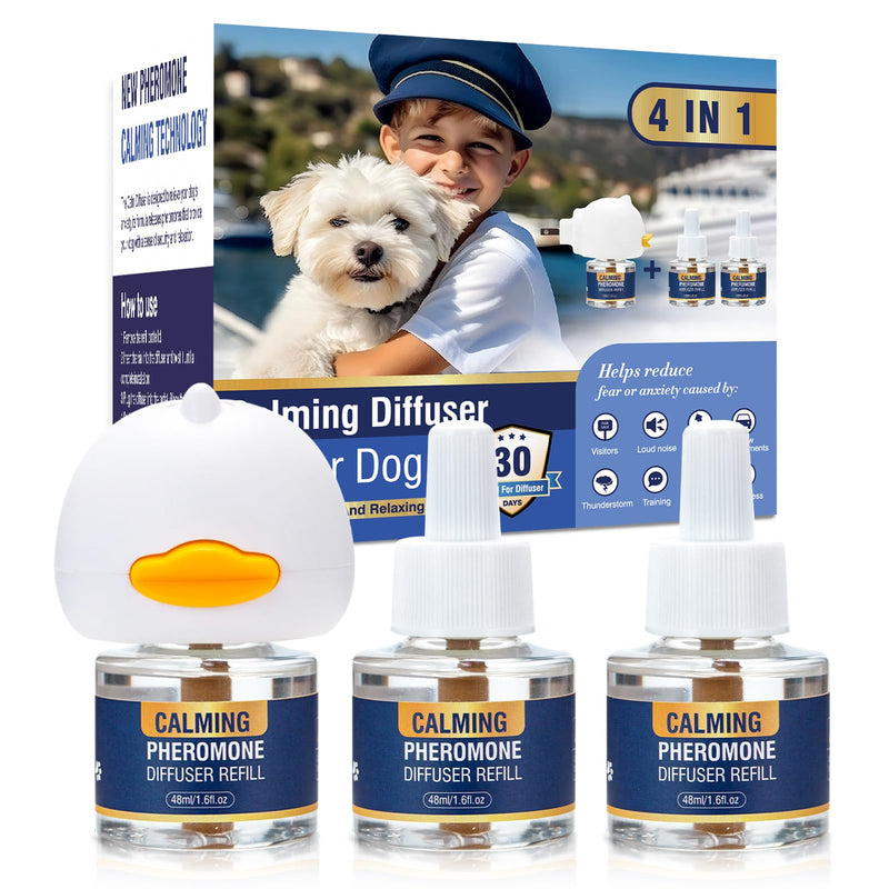 Dog Pheromone Calming Diffuser (Plug in+ 3 Pack 48ml Refill) Pet Pheromones Diffuser to Calm Kit for Anxiety Relief Reduce Barking Aggression Fighting Stress 90 Day Supply 4 in 1 Appeasing