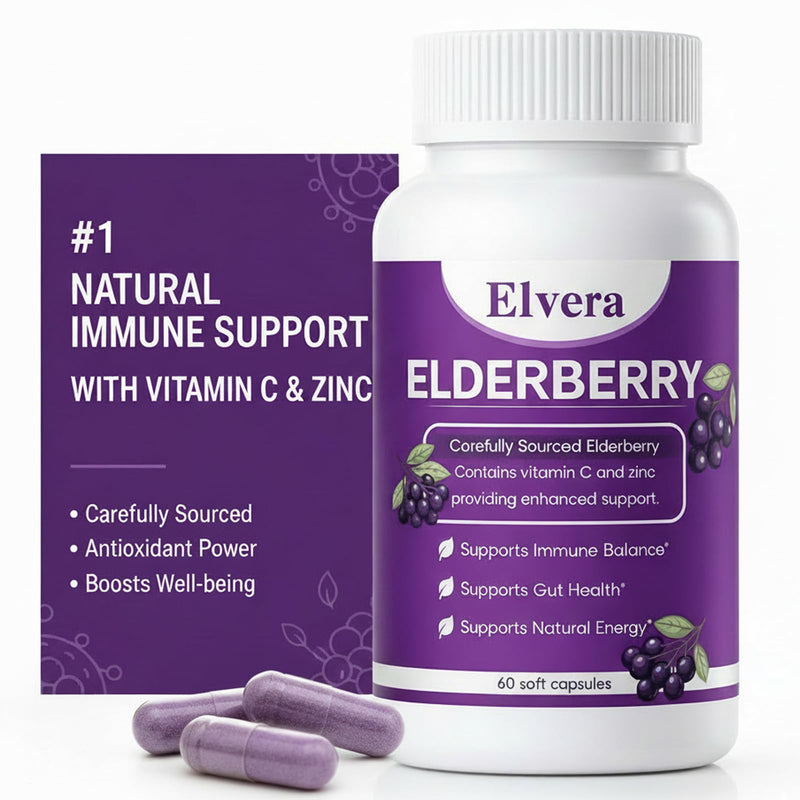 ELVERA Elderberry Gut Support | 1200mg Elderberry Extract, Vitamin C, Zinc | Daily Immune & Gut Support | Vegan, Non-GMO | 60 Capsules A